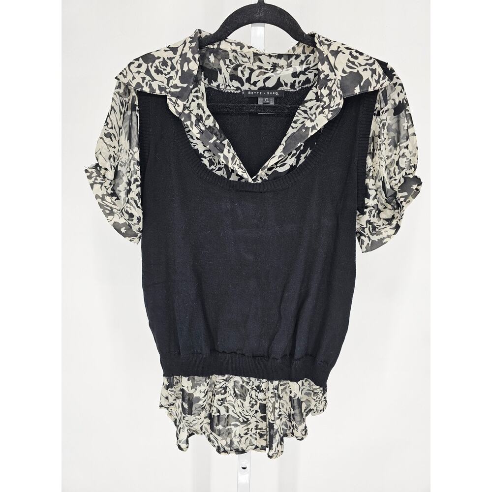 Bette + Sung womens Sz XL Short Sleeve Layered Top Black Knit w/ Floral Sheer